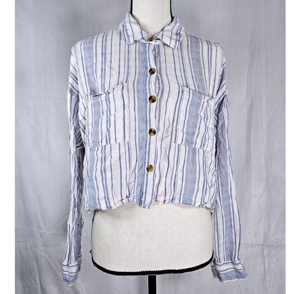 Aeropostale XL Blue White Striped Cropped Button Down Shirt